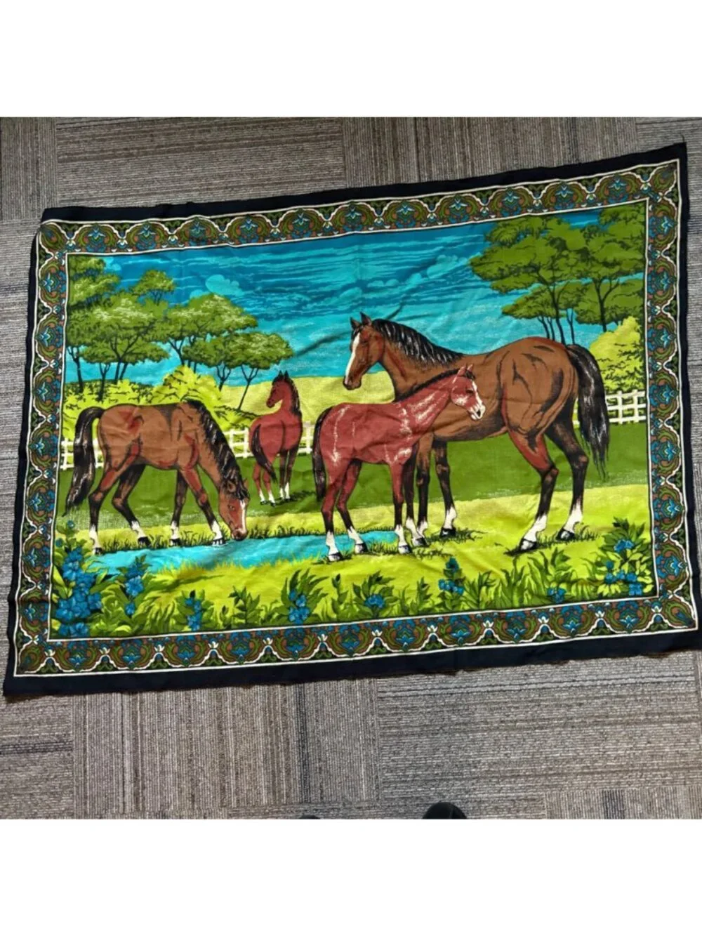 Vintage Horse Tapestry Wall Hanging 40 x 54 Mid Century Rustic Equestrian Decor